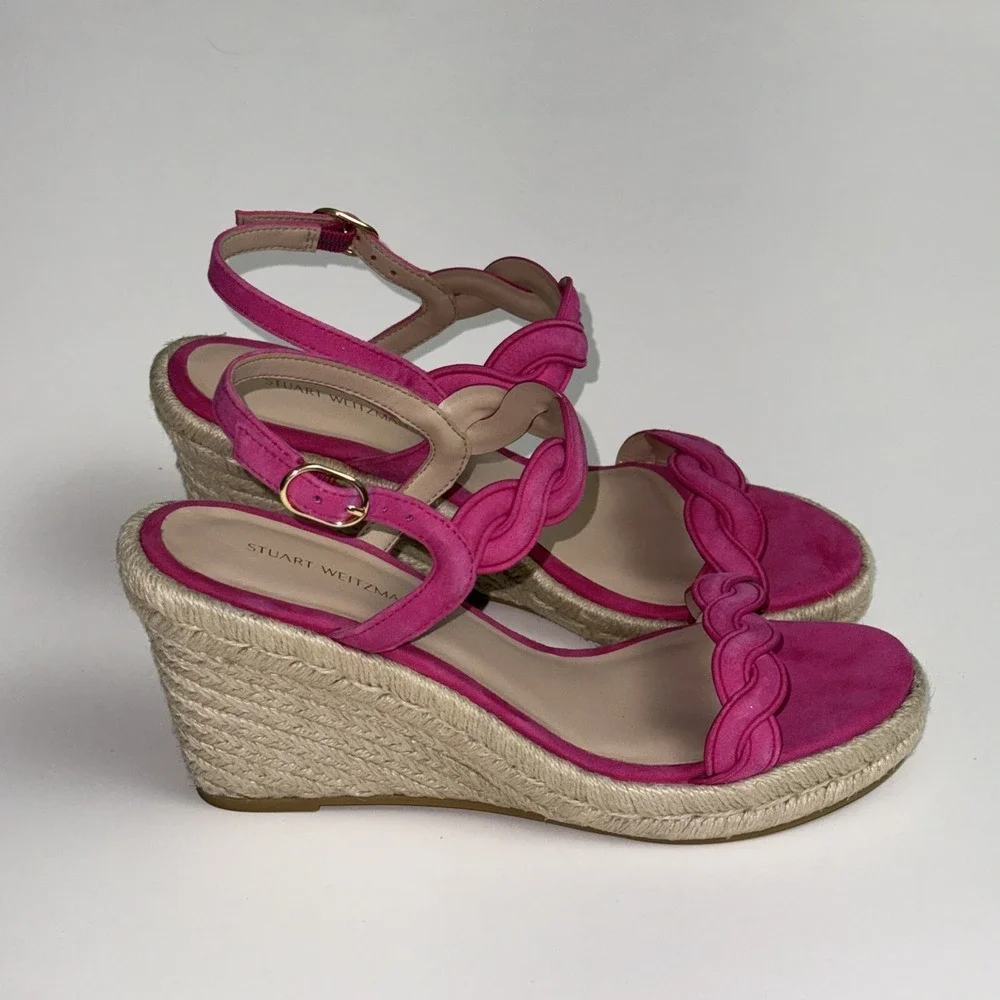 Stuart Weitzman Espadrille wedge suede sandals Twist Buckle Pink Women's 6.5
